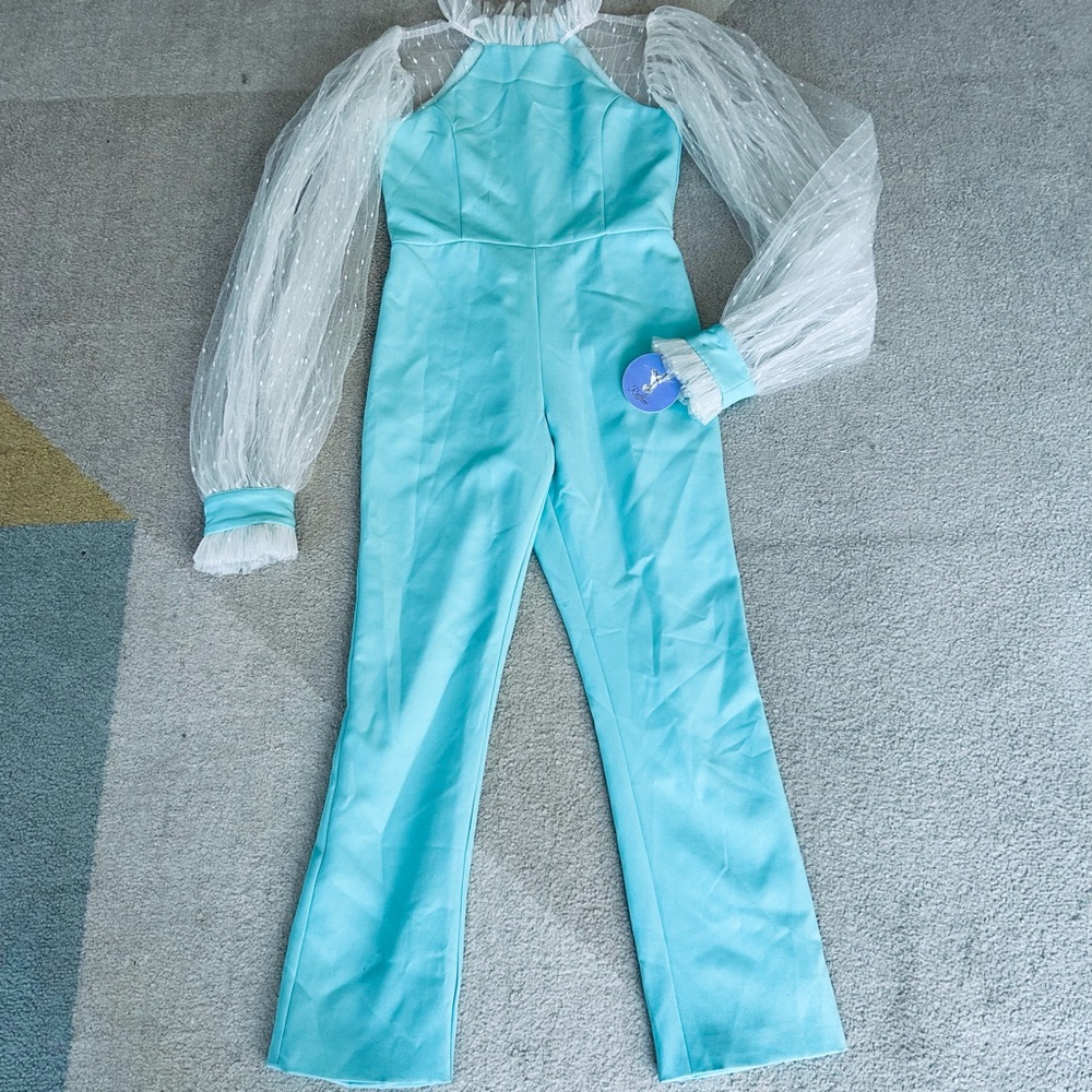 Raffi Aqua Jumpsuit with Sheer White Sleeves
